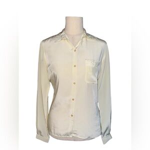 Espresso Womens Long Sleeve ButtonUp Satin Cream Ivory Embroidered Collar Pocket